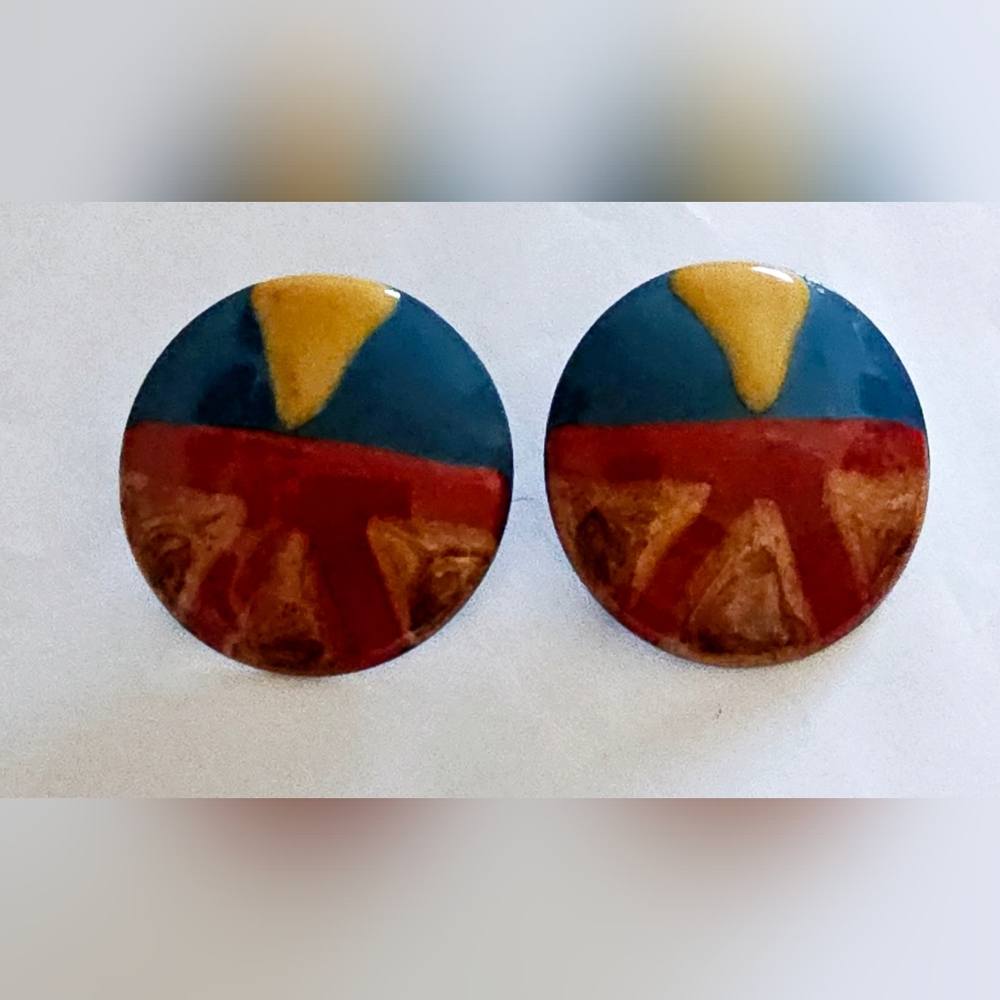 British designed European 1980s enameled red, blue and gold color pierced earrin